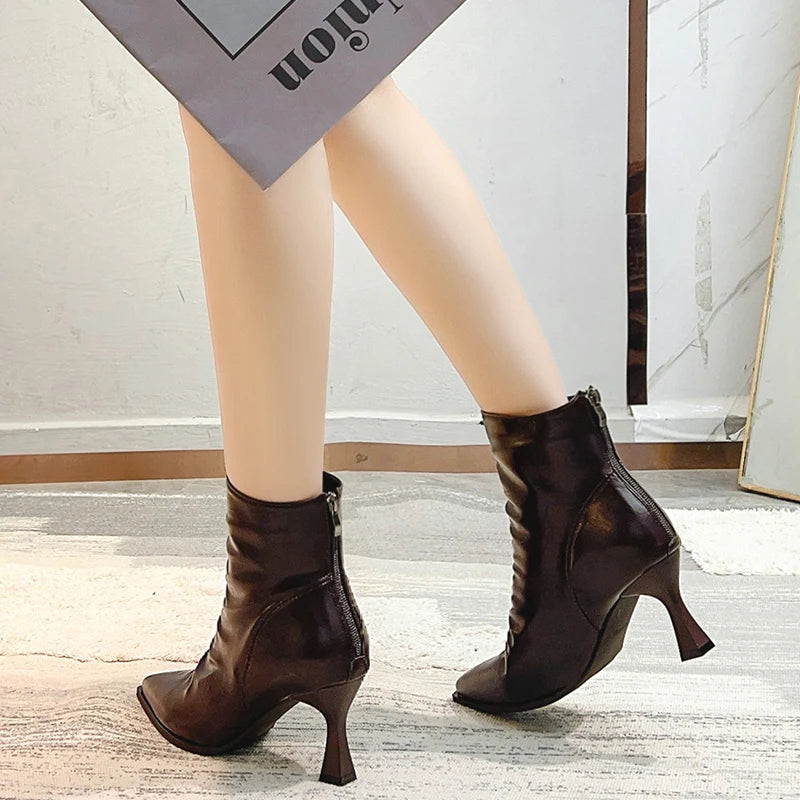 Pleated Tube Ankle Boots with Stacking Heel for Women