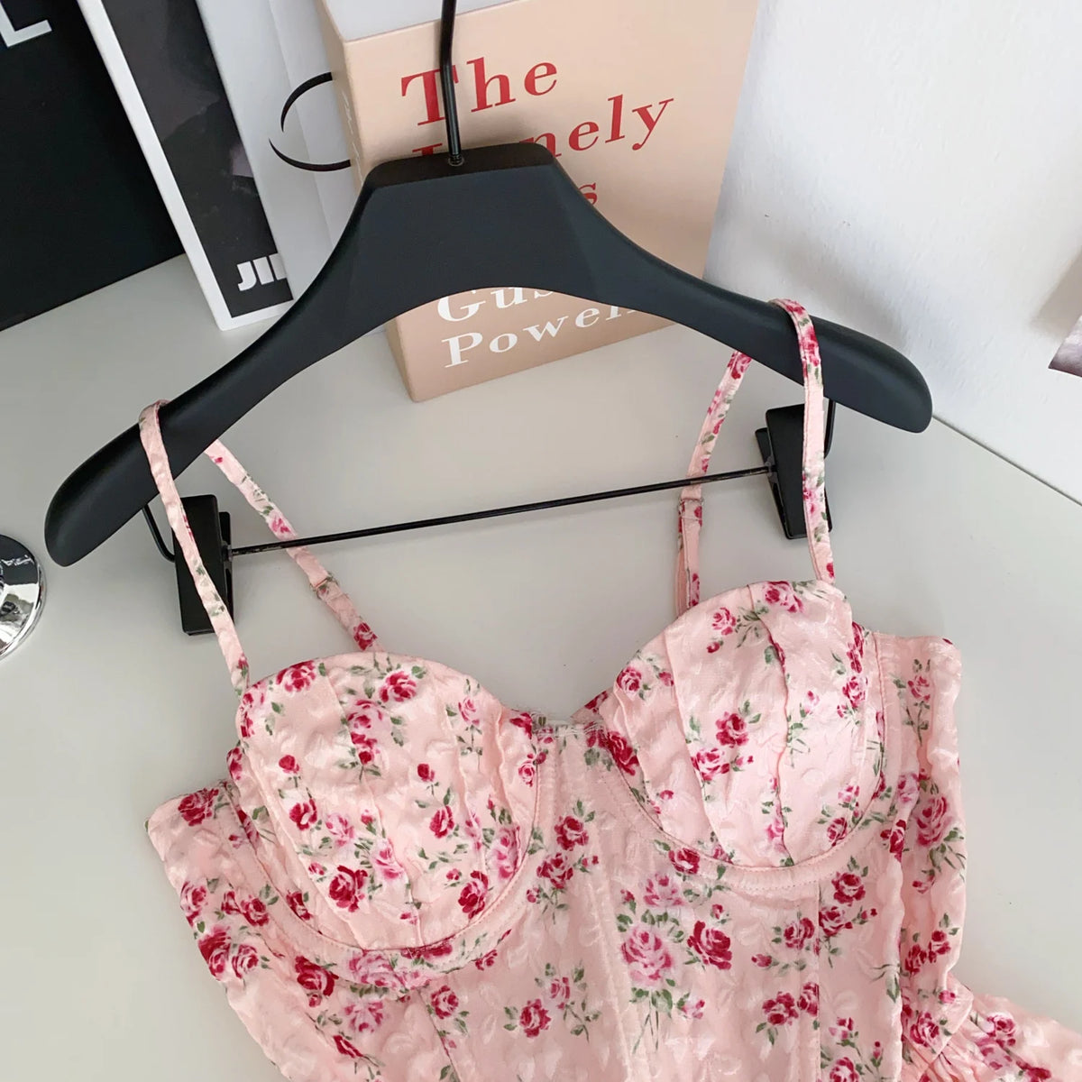 French Corset Print Ruffle Strap Tank Top for Women
