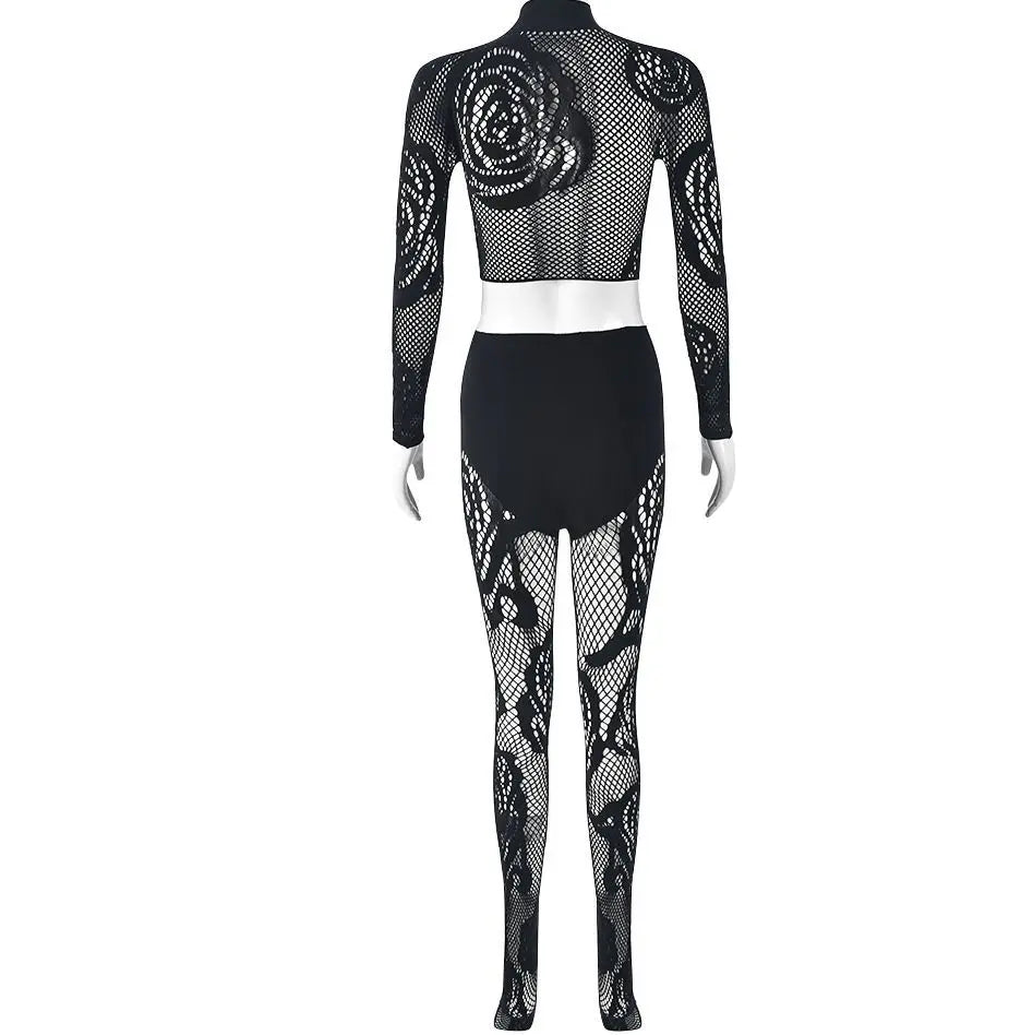 FAGADOER Sexy Lace 2 Piece Set Women Outfit Mesh See Though Long Sleeve Crop Top + Pants Suit Fashion Female Streetwear Overalls