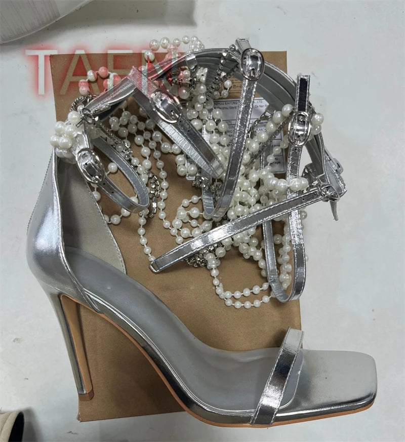 Gladiator Open Toe High Heel With Pearl Chains Sandals for Women