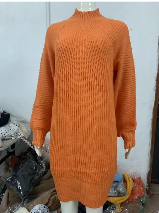 White Knit Lantern Sleeve Dress