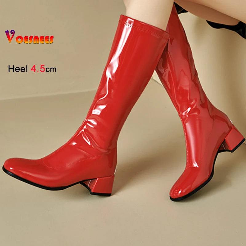 Red Patent Leather Square Toe Knee-High Boots for Women