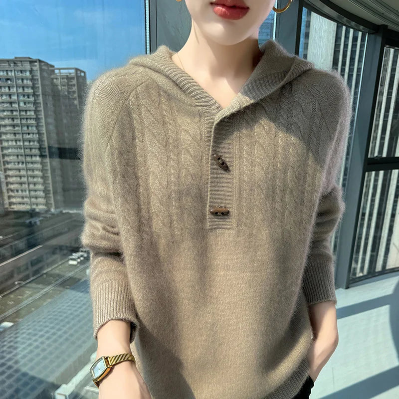 Chunky Knit Loose Hooded Pullover Sweater for Women
