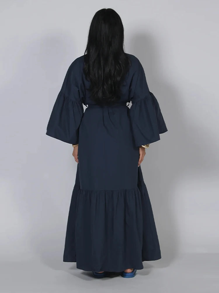 Casual Belted Long Lantern Sleeve Button Dress for Women