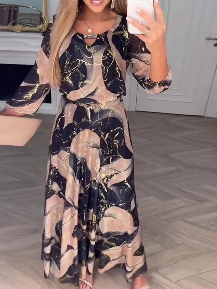 Elegant Cinched Waist Printed Long Dress for Women