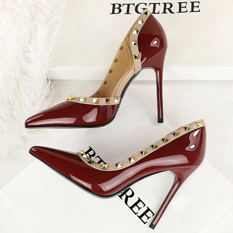 Rivet Detail Patent Leather High Heel Pumps for Women