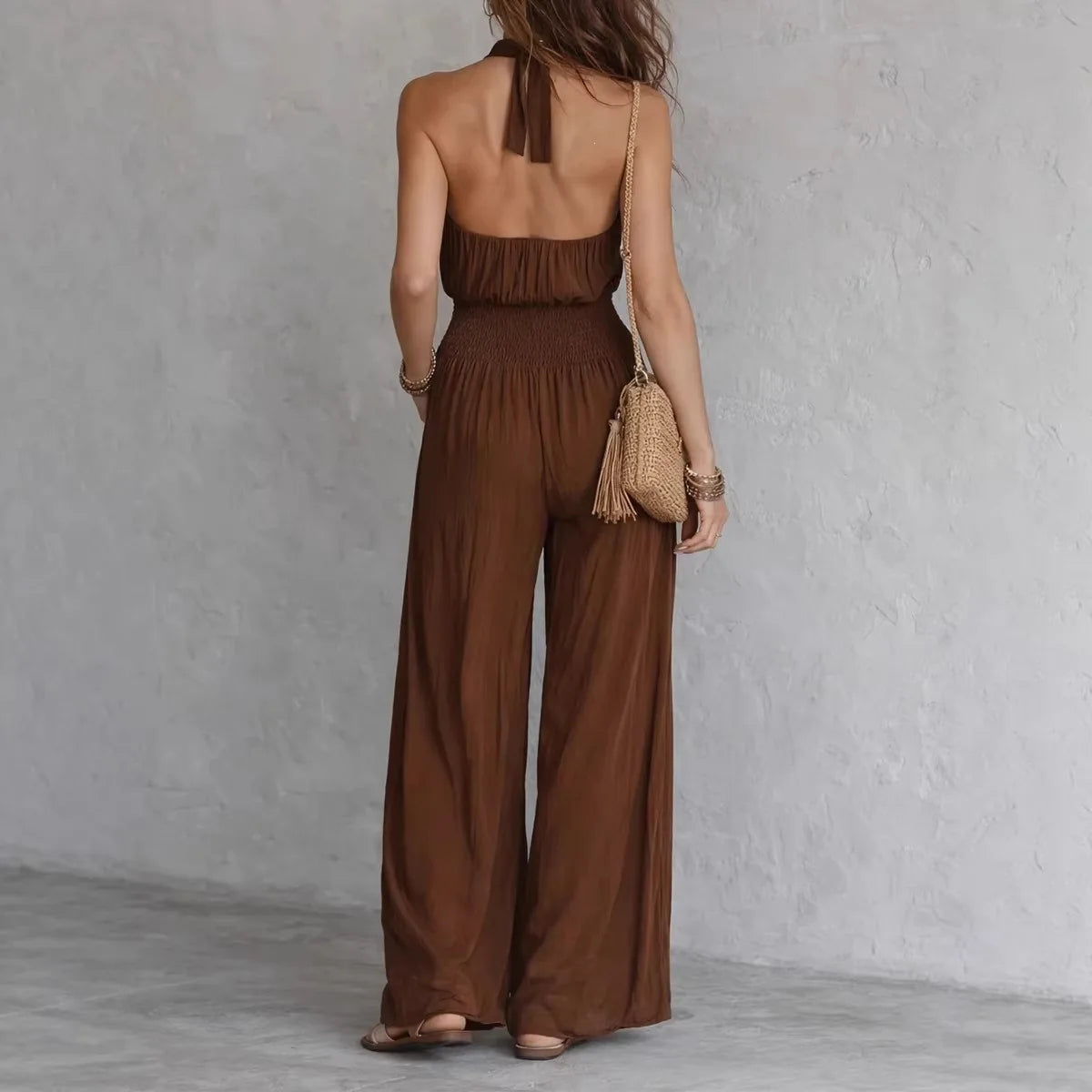 Halter Neck Solid Color Smocked High Waist Wide Leg Pockets Jumpsuit for Women