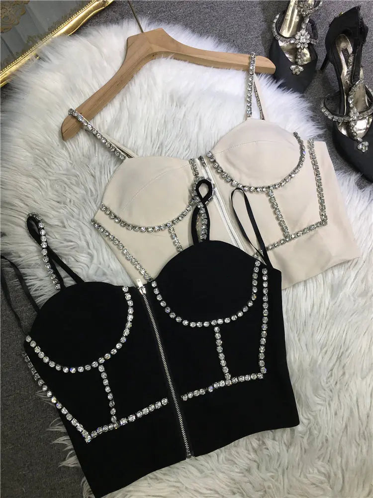Fashion New Spring Summer Thin Shoulder Strap Camisole Hot Girl Diamonds Sexy Breast Pad Tube Top High Waist Zip Crop Tanks Tops