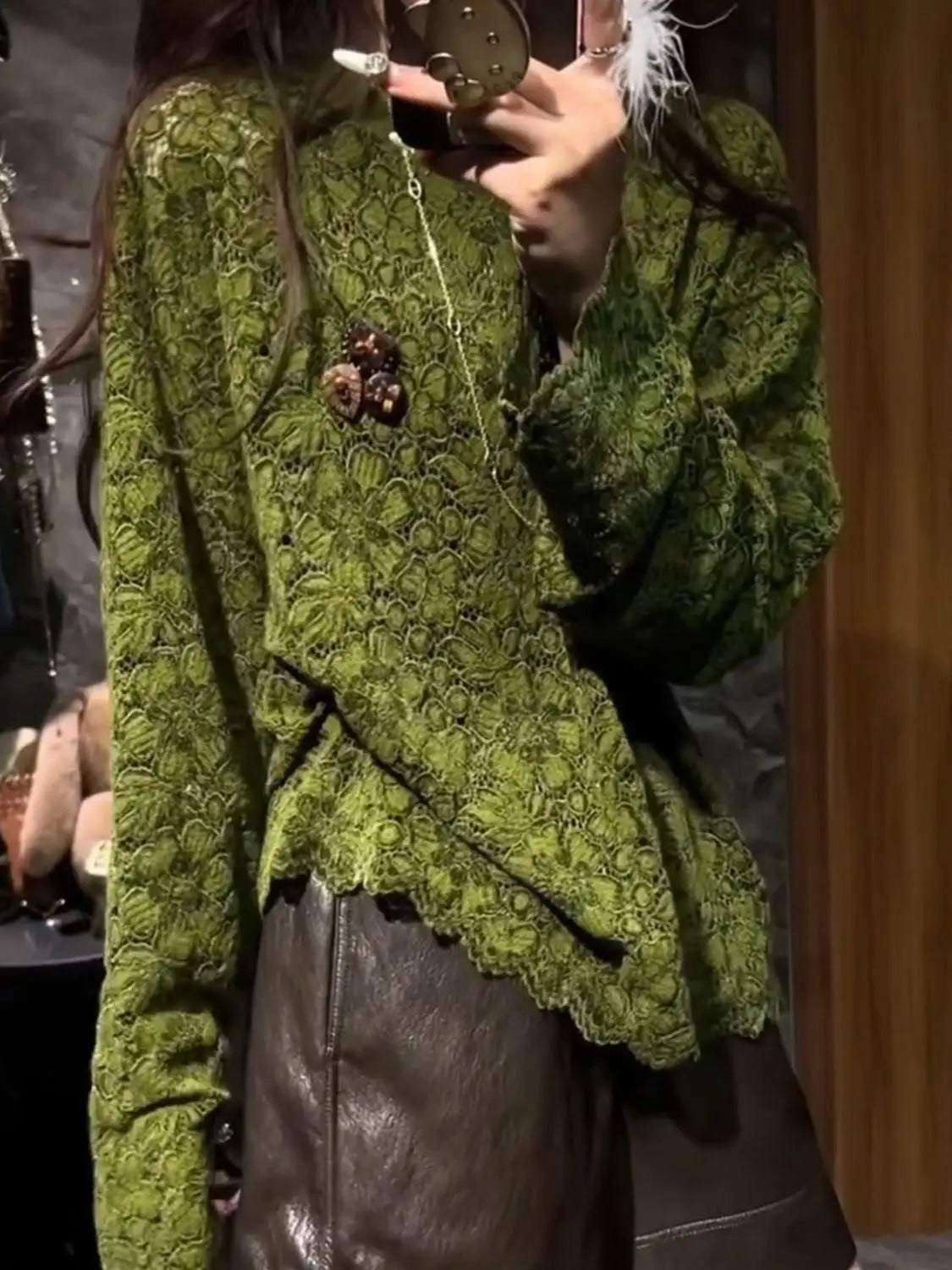 Exquisite Green Lace Crochet Hollow Out Top For Women
