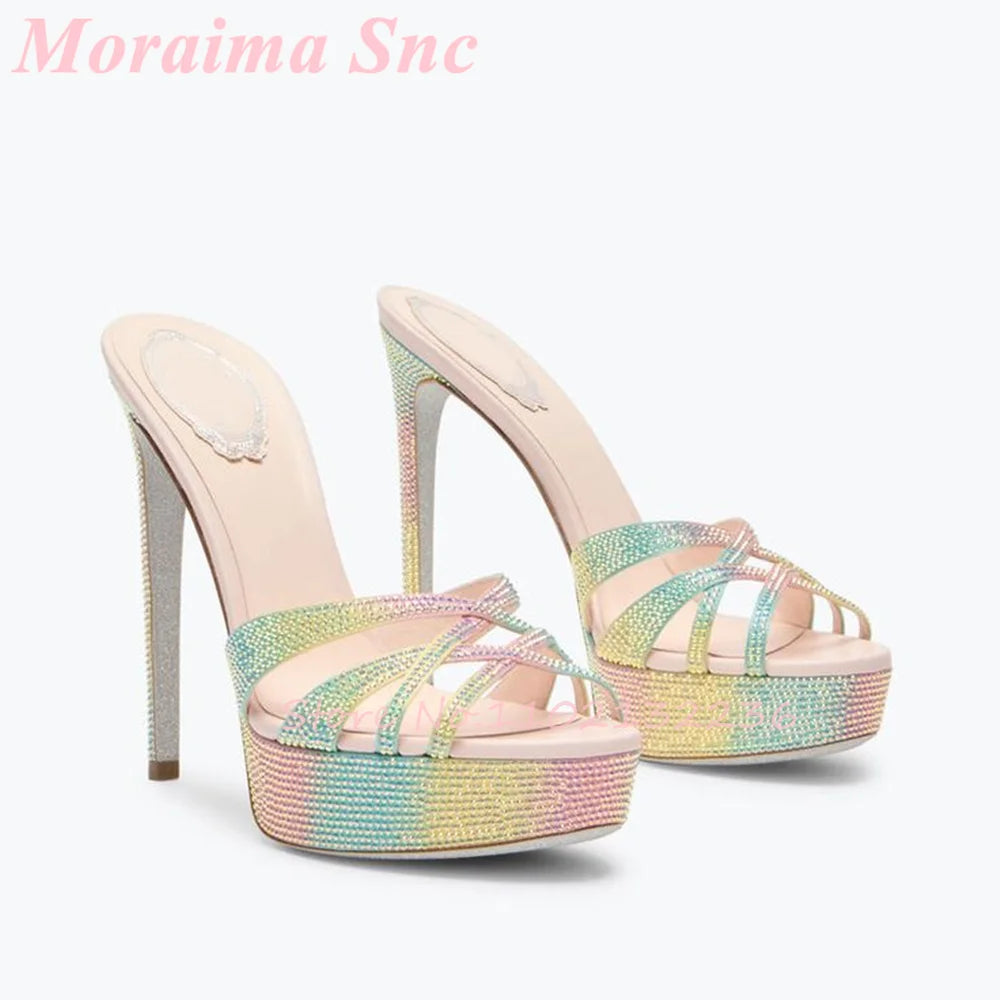 Crystal Rhinestone Platform Stiletto Crisscross Mules for Women
