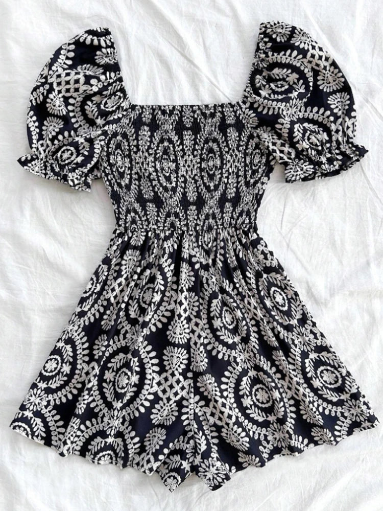 French women's thin meat-covered geometric pattern printed square-neck short-sleeved puff-sleeved jumpsuit, spring and summer