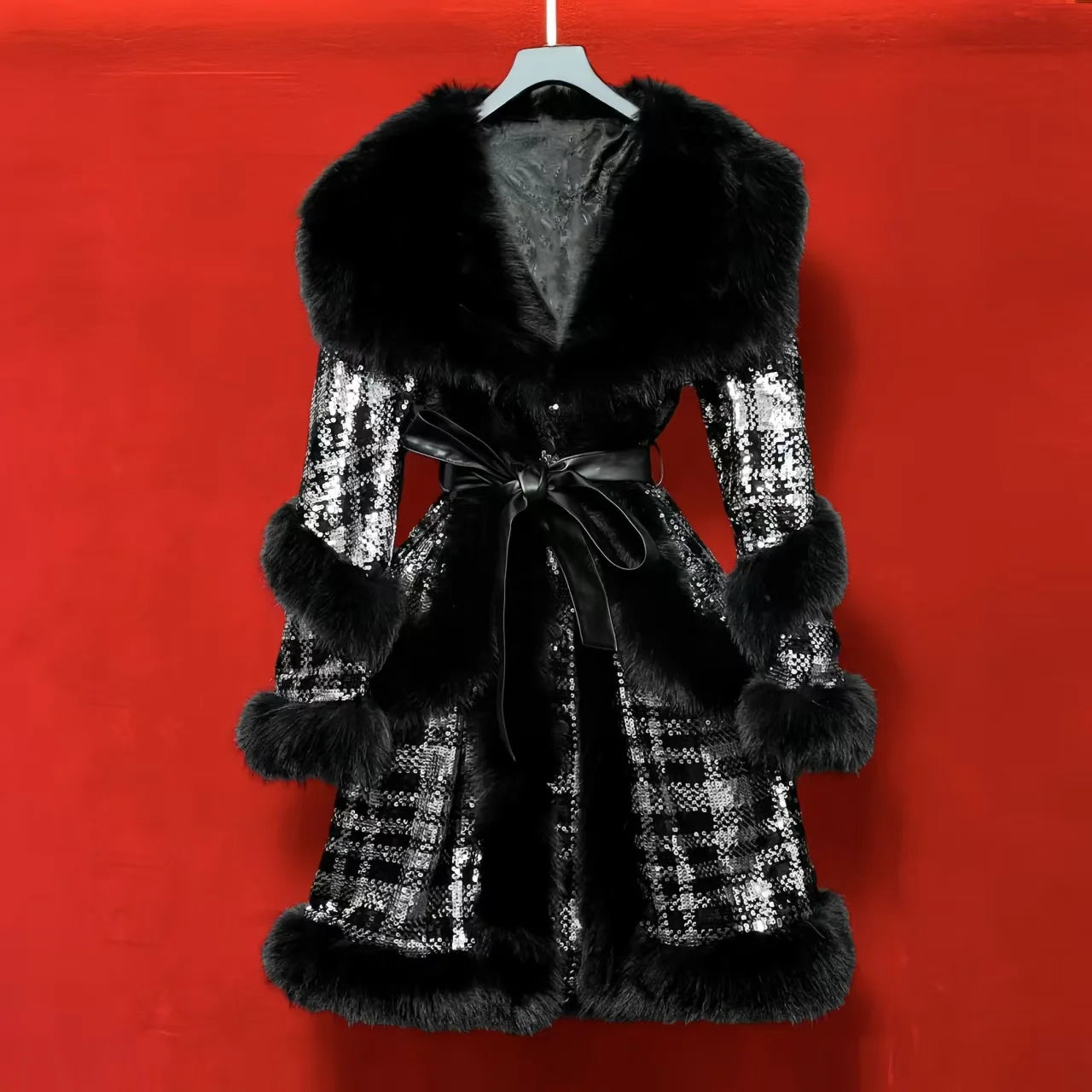 Faux Fur Coats for Women,Adjustable Waist Jacket,Female Clothes,Luxury,Spliced,Sequins,Turn-down Collar,New, Winter, 2025