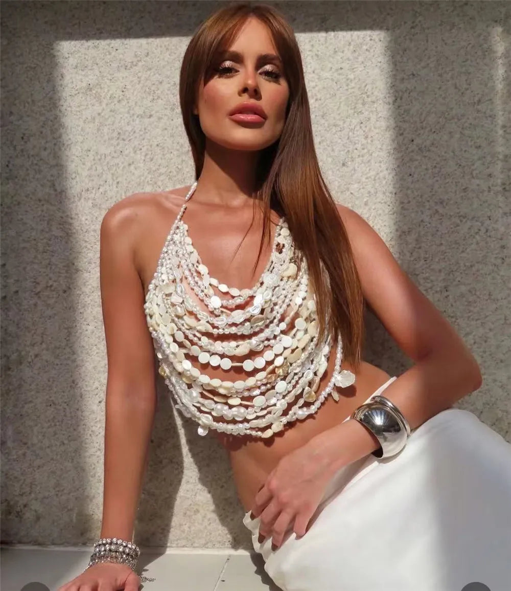 Multi Layer Pearl Beaded Front Chest Necklace For Women