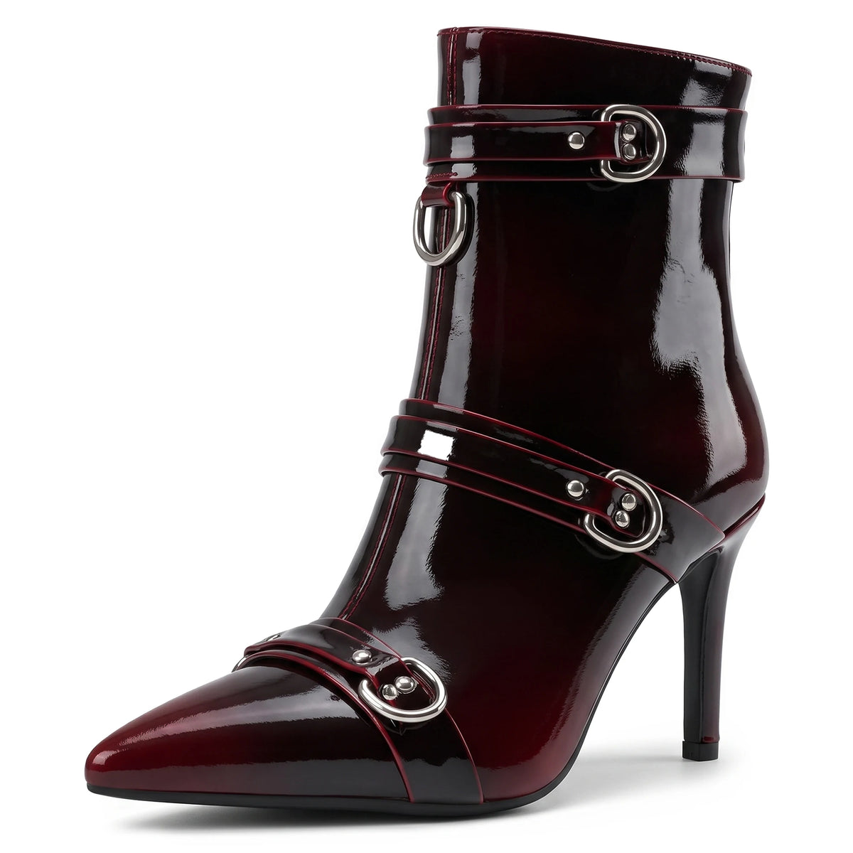 Burgundy Patent Leather Buckle Ankle Boots for Women