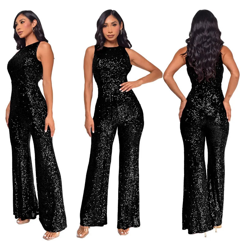 Elegant Silver Sequined Straight Cut Jumpsuit for Women