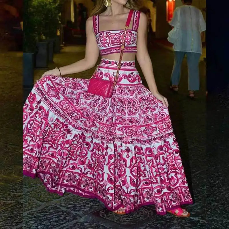 Printed Strapless Crop Top and Maxi Skirt Set for Women