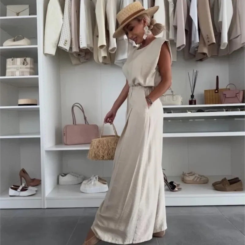 Women's Casual 2-Piece Set Crew Neck Sleeveless Top Wide Leg Pants Set Summer Casual Loungewear Outfit for Travel Vacation