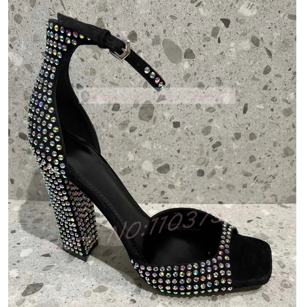 Crystal Embellished Black Suede Ankle Strap Chunky Heel Sandals For Women