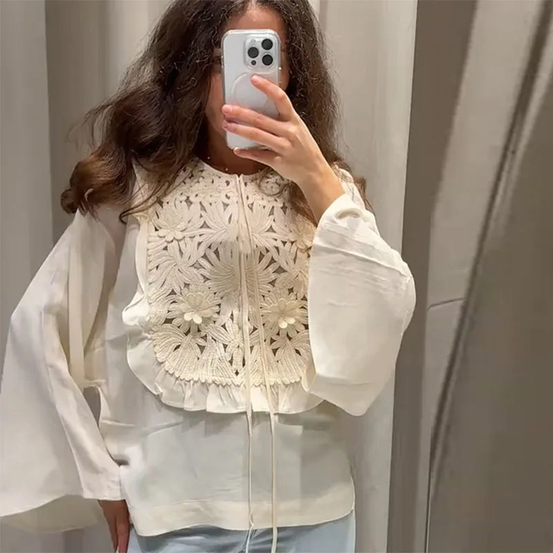 Floral Hollow Embroidery Mini Skirt Sets Women 2 Pieces Flare Sleeved Women Suit Casual Two Piece Set Summer Women Outfit