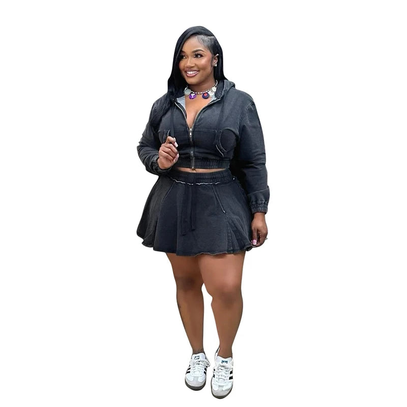 Hooded Denim Crop Top And Pleated Skirt Set for Women