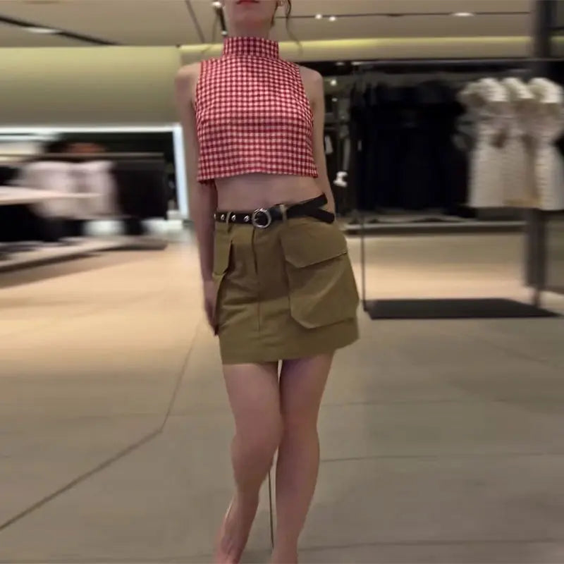Casual Plaid Vest And Pleated Pants Set Beachwear for Women