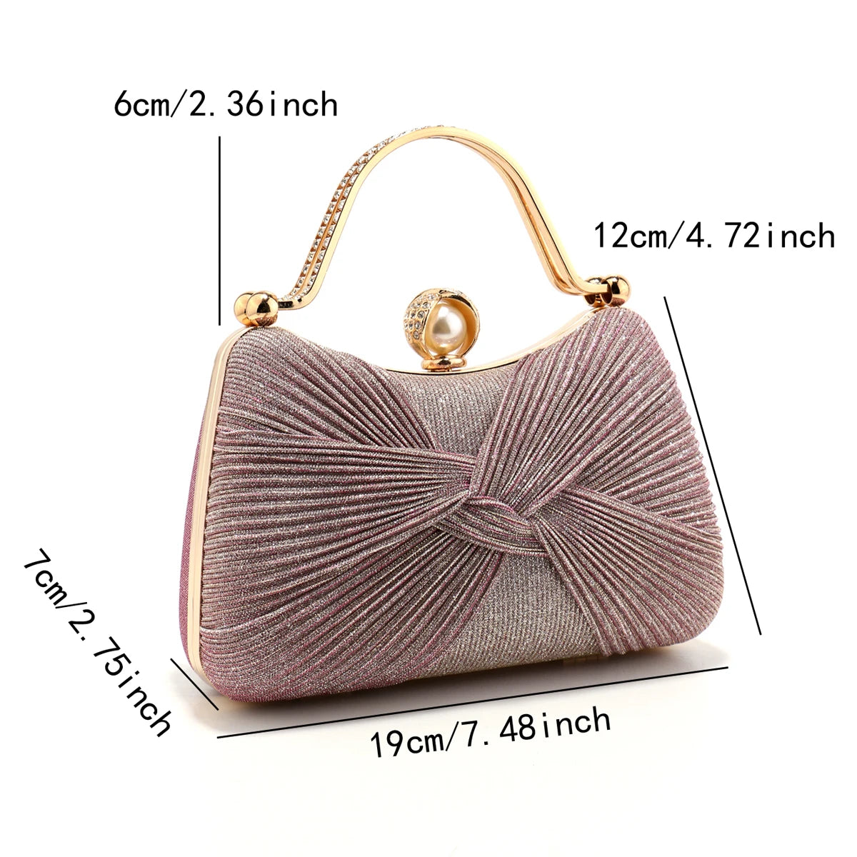 Bow Design Ruched Fashion Women Evening Bags Pink Color Sequined Glitter Metal Pearl Handbags Banquet Lady Wedding Bridal Purse