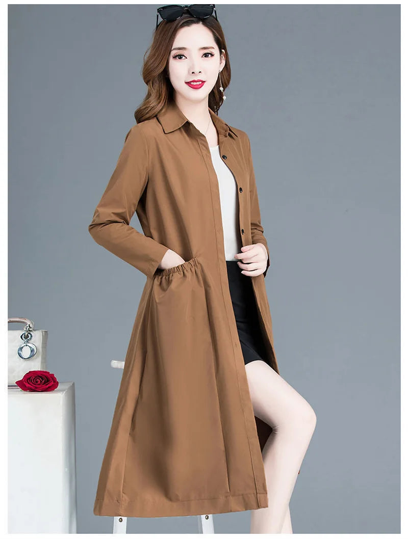 Fashion Windbreaker Women's Mid-Length And Thin Spring Summer Autumn Big Pocket Coat Female Popular Temperament Mother Jacket5XL