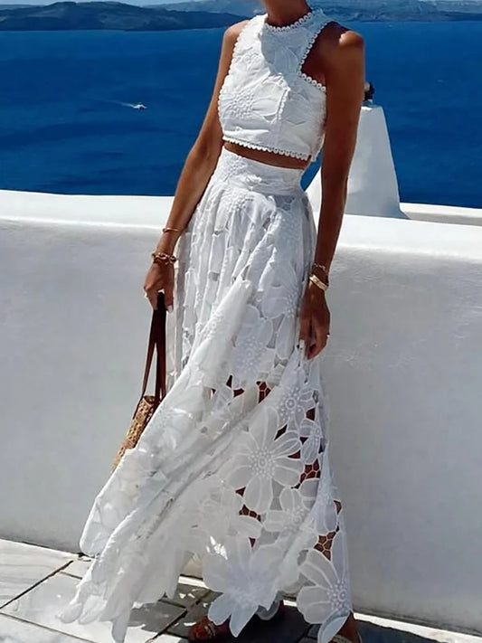 Short Top Patchwork Two Pieces Matching Sets, Women Summer Solid Simple Maxi Skirts Outfit, 2025 Sleeveless Zipper Ladies Suits