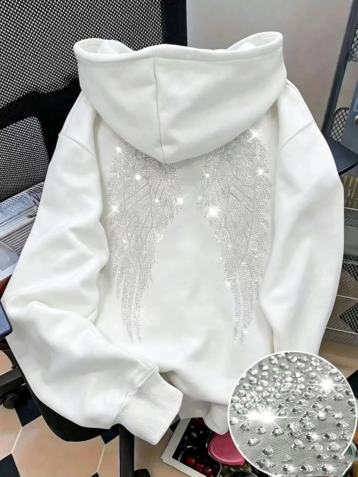 Wing Print Rhinestone Long Sleeve Pullover Hoodie for Women