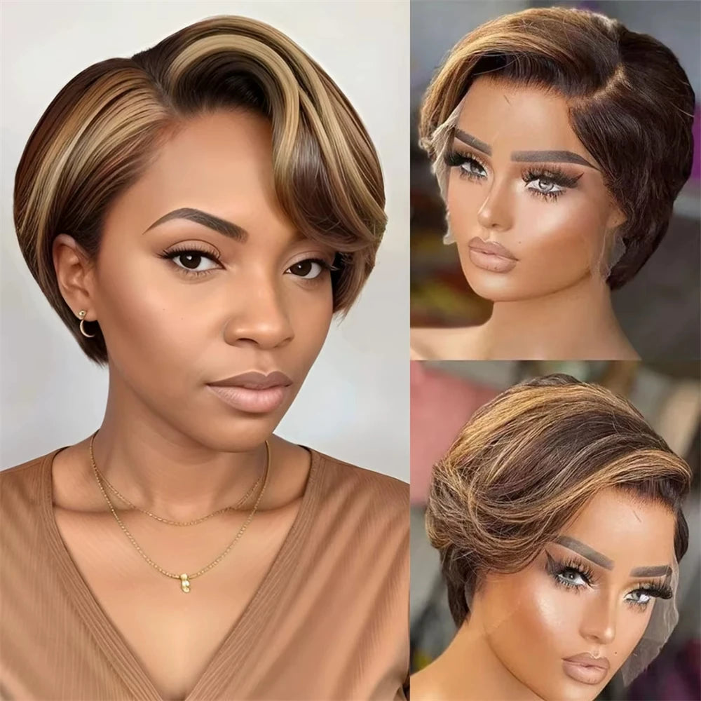 Highlight Straight Pixie Cut Lace Front Human Hair Bob Wig for Women