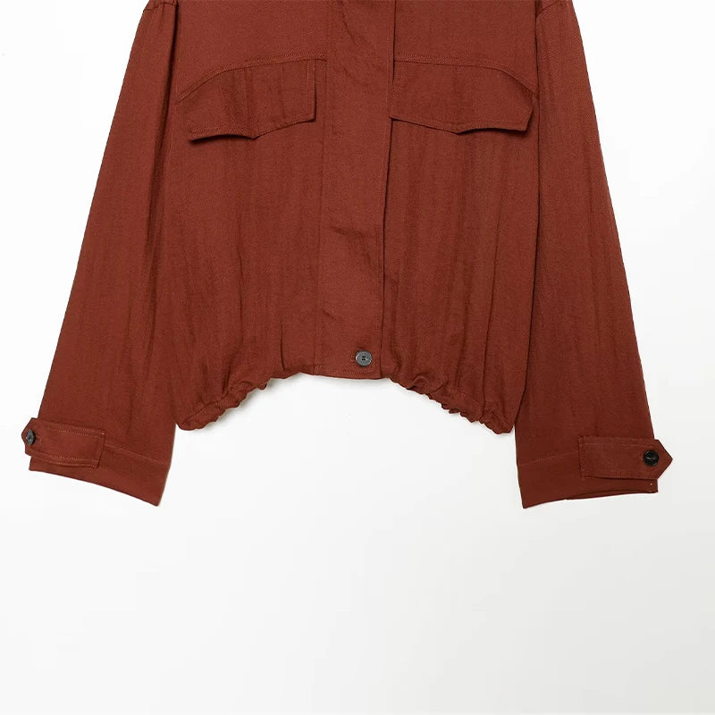 Casual Solid Loose Jacket Stand Collar With Big Pockets for Women