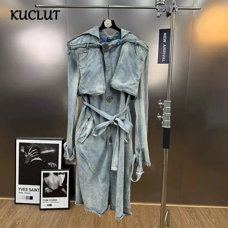 KUCLUT 2025 Autumn Fashion Elegant Turn-Down Collar Washed Denim Trench For Women With Belt Loose Street Style Coat 1A66505