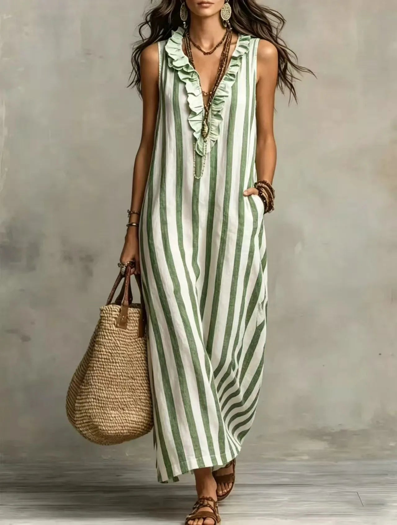 Striped V-Neck Ruffle Sleeveless Pocket Maxi Dress for Women