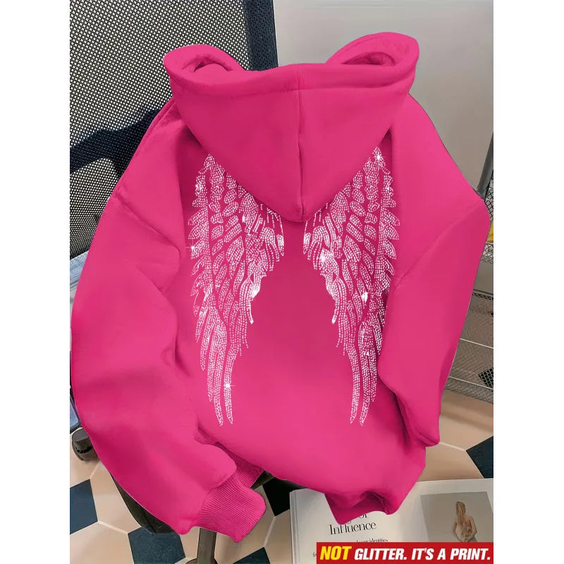 Wing Print Rhinestone Long Sleeve Pullover Hoodie for Women