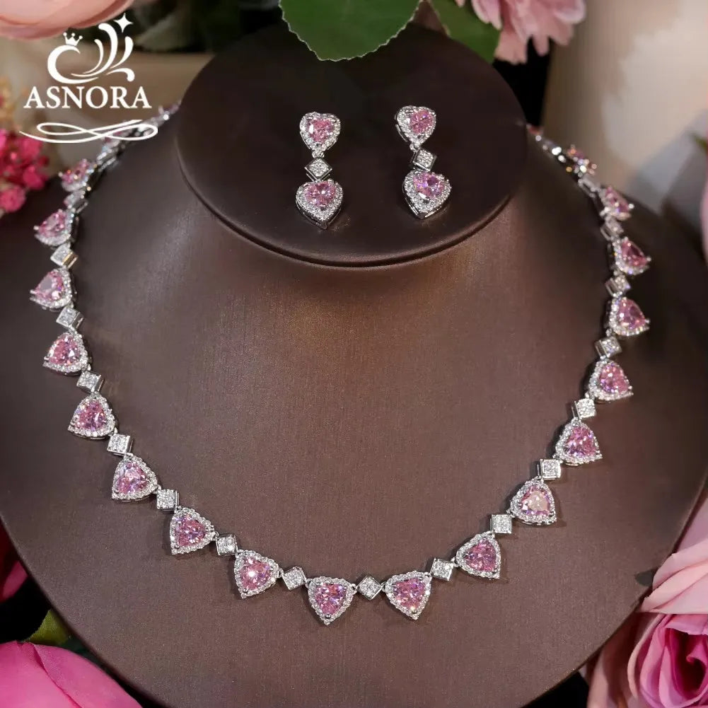 Pink Heart Crystal Necklace And Earring Set For Women