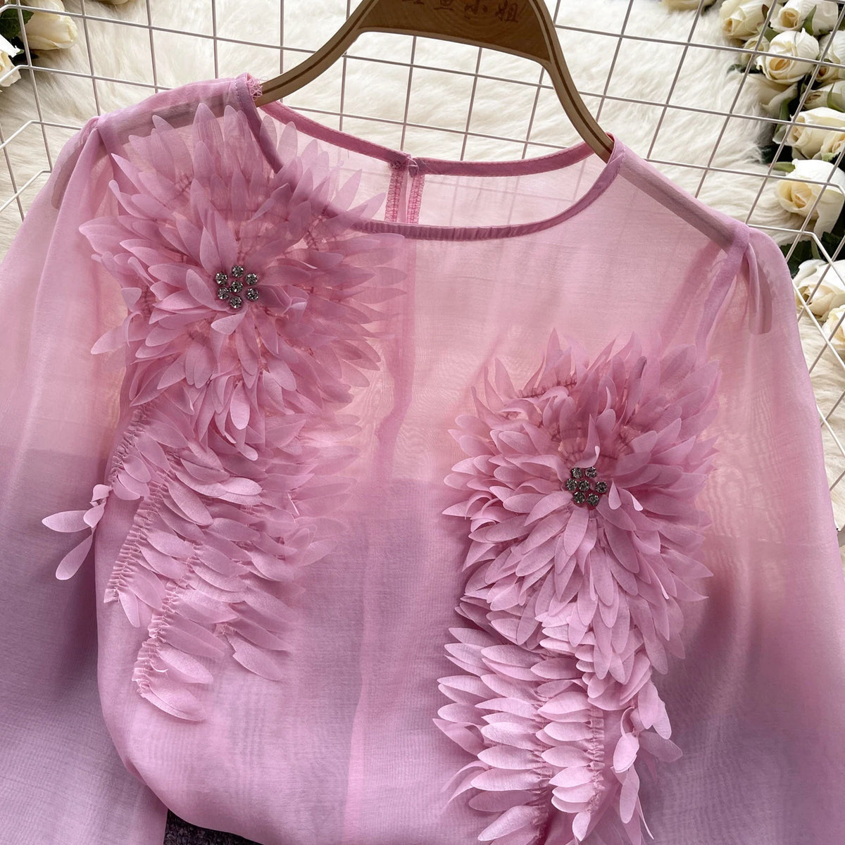 Sheer Floral Bohemian Long Sleeve Satin Blouse for Women