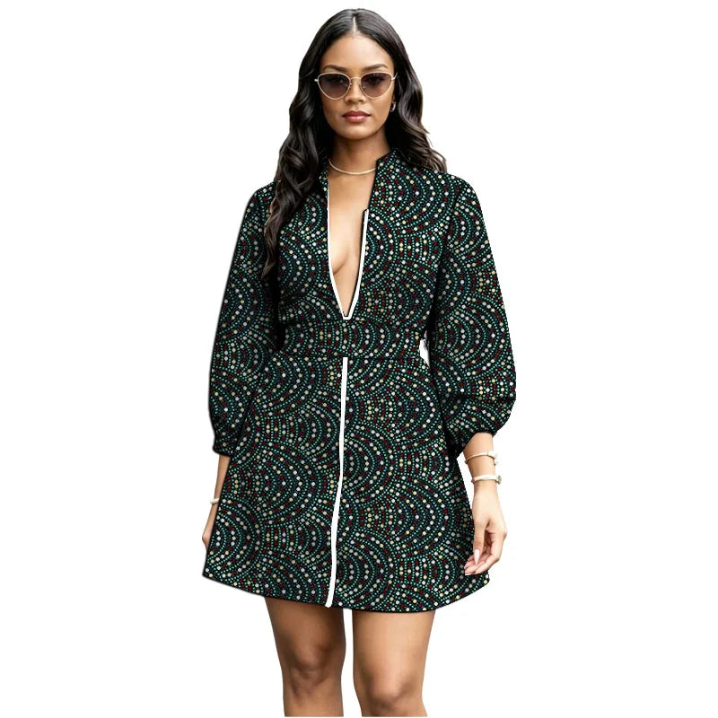 Zipper Belt African Print Loose Bishop Sleeve Dress for Women