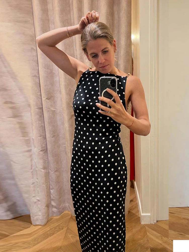 Polka Dots Backless Sleeveless Beaded Square Collar Long Dress for Women