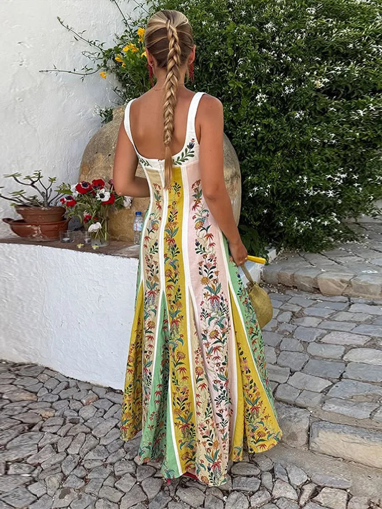 Sweetheart Neckline Floral Print Linen Blend Maxi Dress For Women