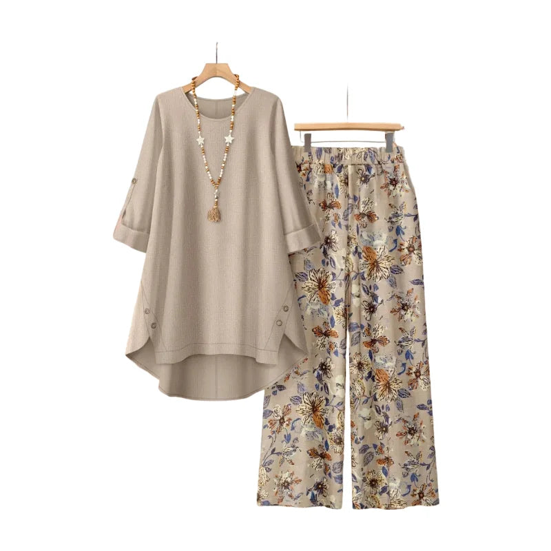 Women Round Neck Long Sleeve Plain Top And Floral Printed Wide Leg Pants For Casual Resort Vacation And Daily Occasion
