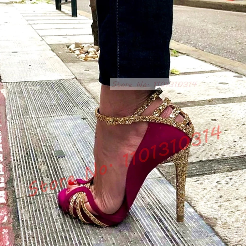 Fuchsia Suede Glitter Cross Strap Sandals for Women