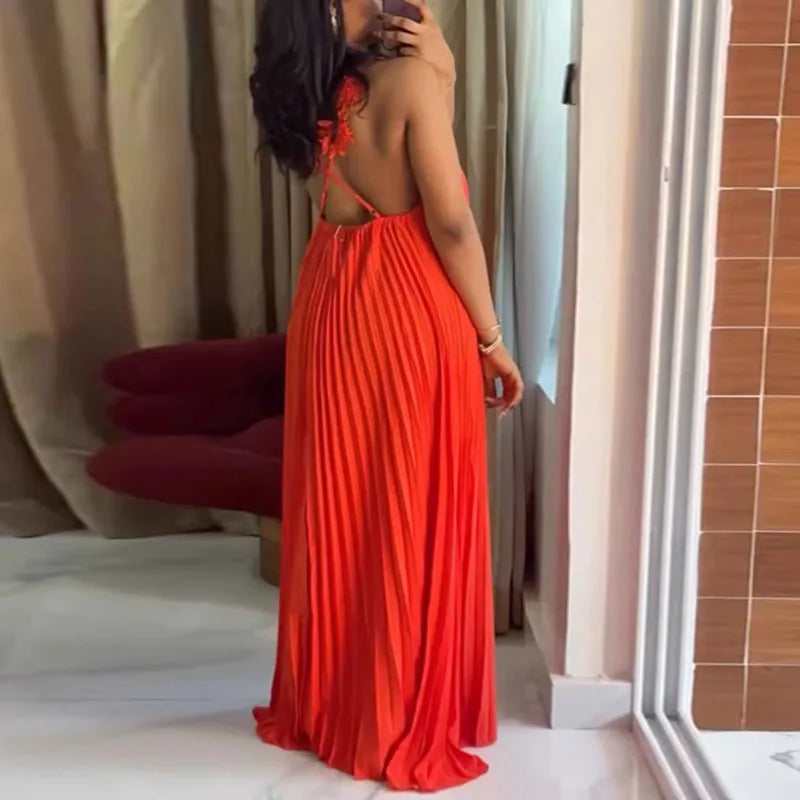 Pleated Strapless Flower Detail Maxi Dress for Women