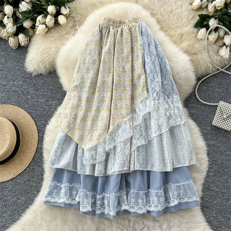 High-Waist Patchwork Lace-Up Skirt