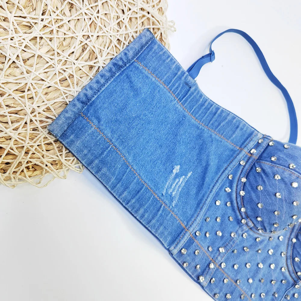 Denim Rhinestone Beaded Spaghetti Strap Bustier for Women