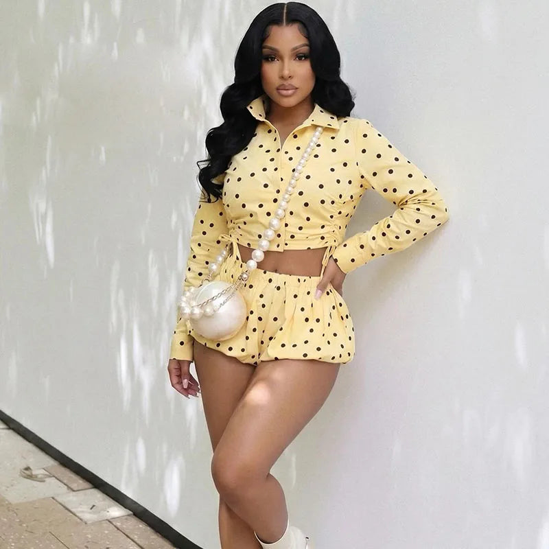 Polka Dot Ruched Turn-Down Collar Shirt and Shorts Set for Women