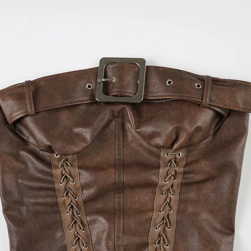 Sexy Leather Corset Vest, Cinched Waistband, Metal Buckle Top, Punk Style, Individualistic Street Style, Spicy Girl Outfit