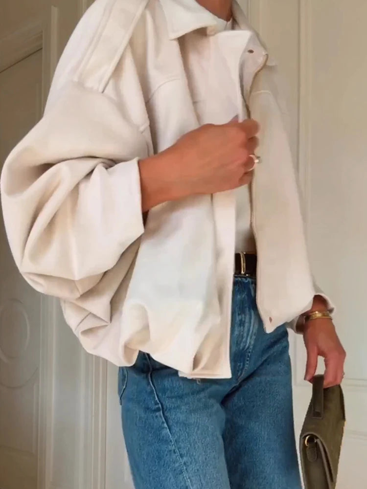 Long Batwing Sleeve Patchwork Zipper Jacket for Women