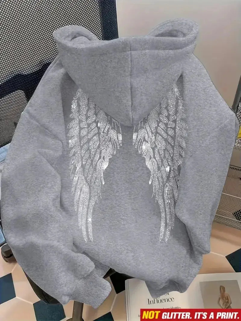 Wing Print Rhinestone Long Sleeve Pullover Hoodie for Women