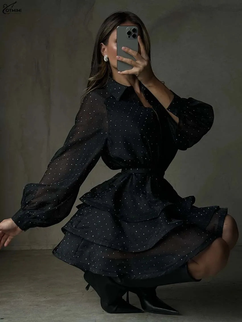 Oymimi Fashion Black Rhinestone Women's Dress Casual Lapel Long Sleeve Button Dresses Elegant New Lace-Up Pleated Mini Dresses
