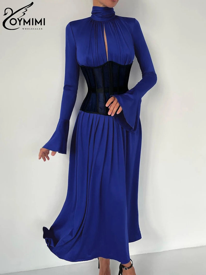 Oymimi Sexy Slim Blue Knitted Women'S Dress Fashion Turtleneck Long Sleeve Ankle Length Dress Elegant Pleated Hollow Out Dress